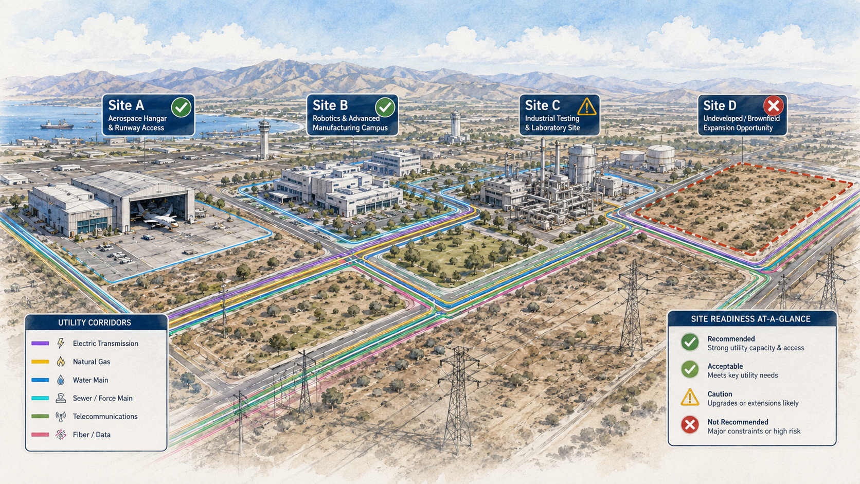 Aerial utility corridor site plan with electric, gas, water, sewer, telecom and fiber routing and site readiness legend
