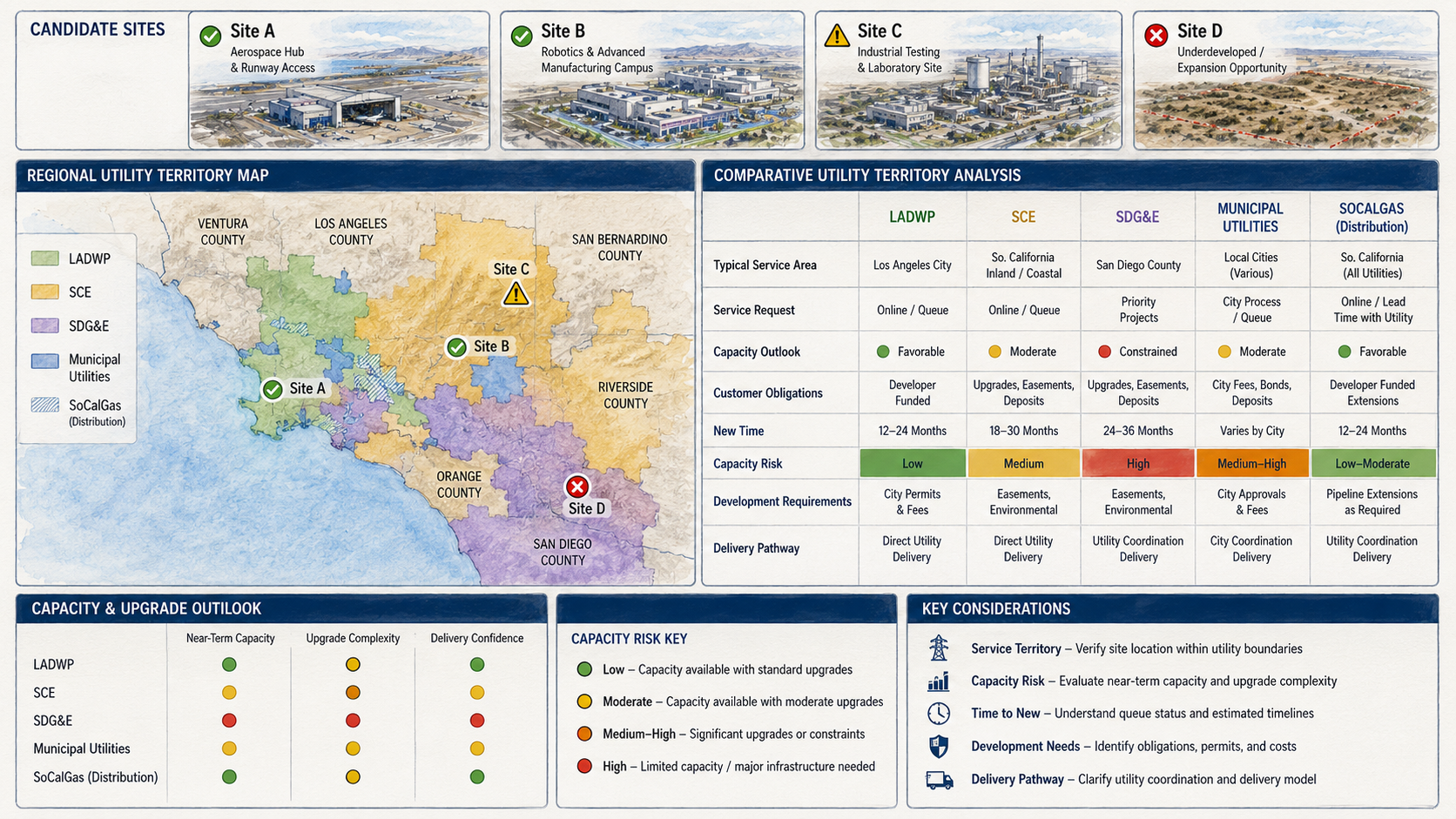 Regional utility territory map and comparative territory analysis for four candidate sites