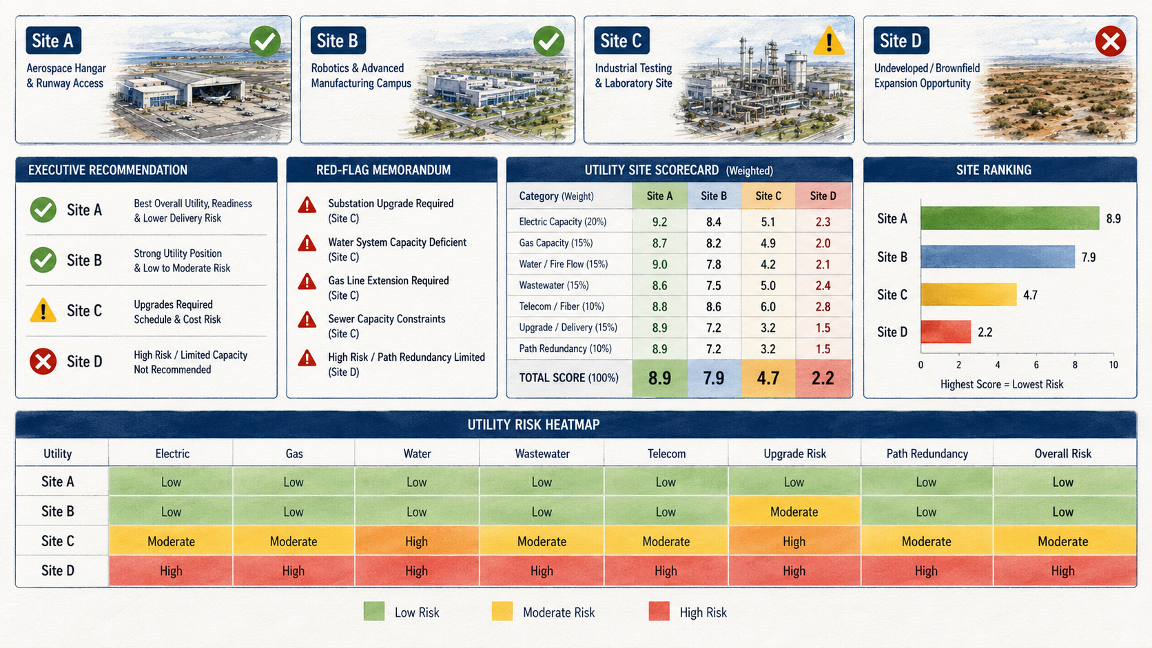 Utility site scorecard, executive recommendation, red-flag memorandum, site ranking and utility risk heatmap