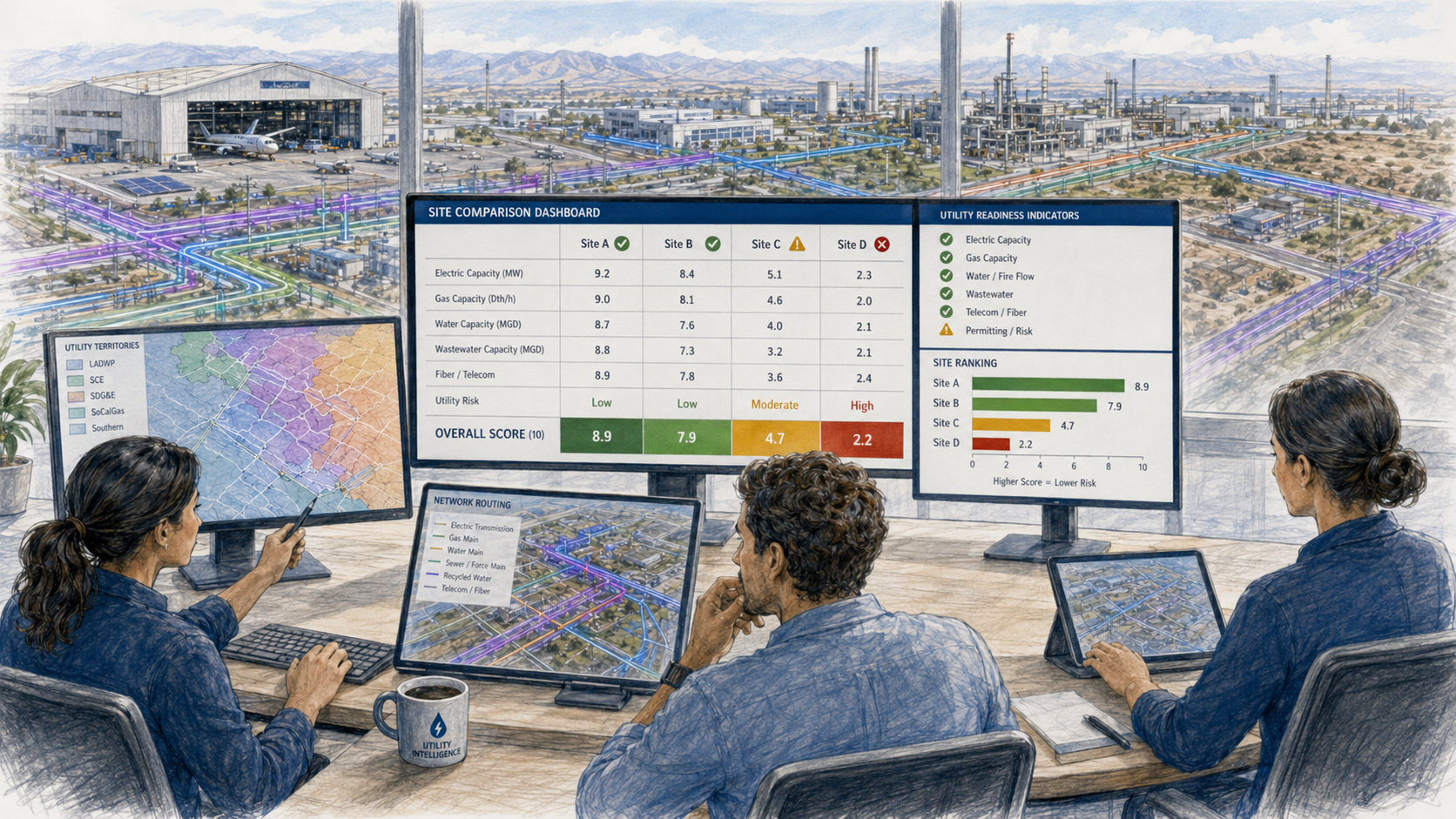 Site comparison dashboard with capacity metrics, utility readiness indicators, network routing and site ranking
