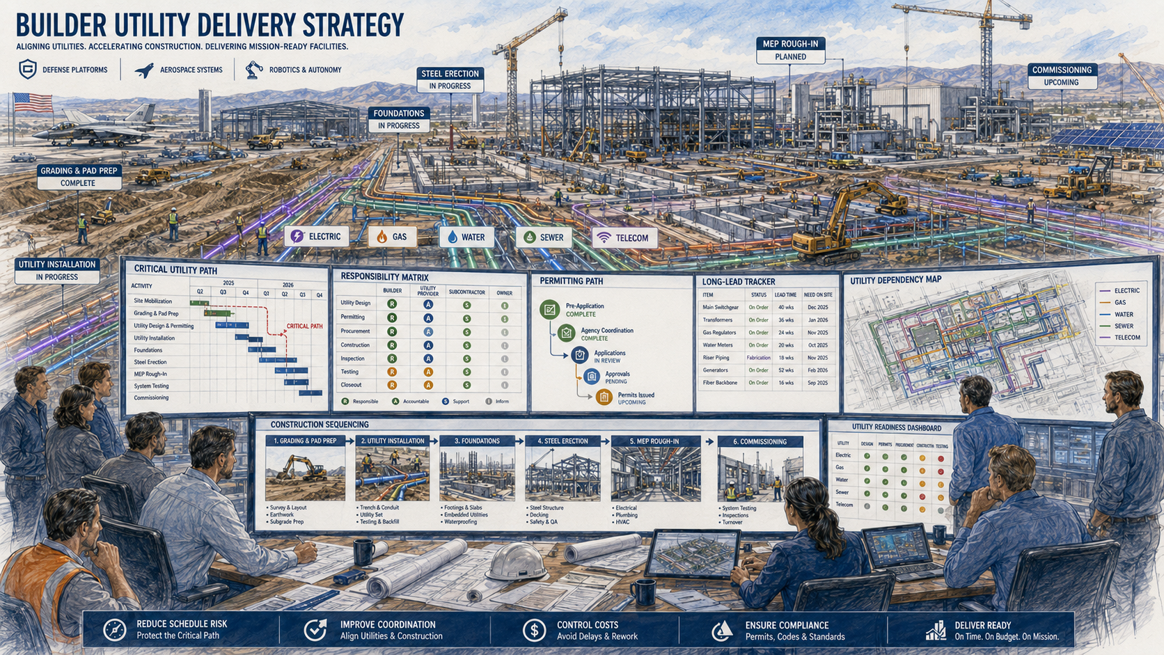 Industrial utility master planning: phased roadmap, dry and wet utility matrices, demand forecast and milestone schedule for a defense, aerospace and robotics campus