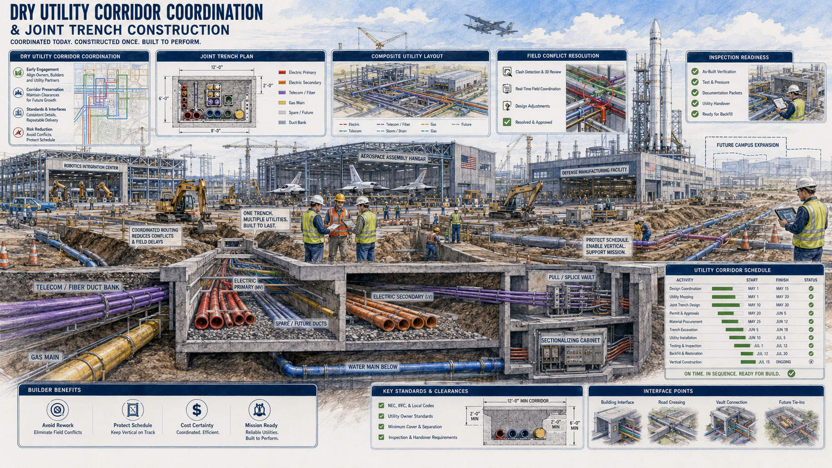 Power capacity and energization readiness: load forecast, substation capacity, feeder plan, phased energization and commissioning readiness