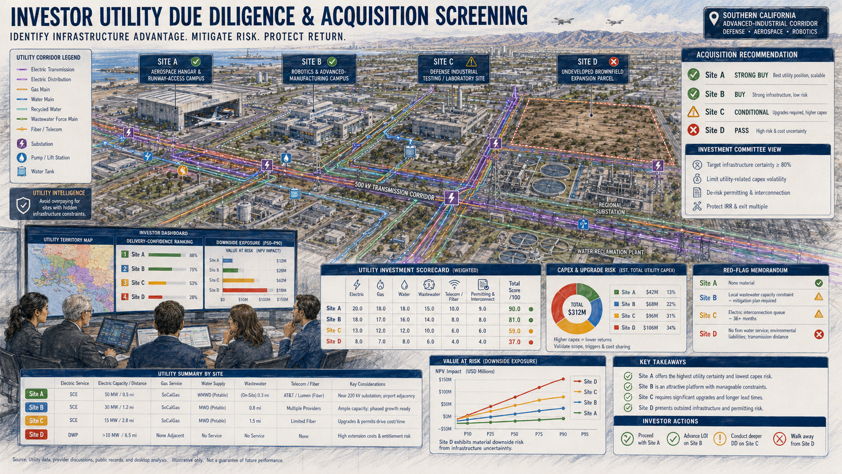Investor utility due diligence and acquisition screening dashboard comparing four Southern California candidate sites